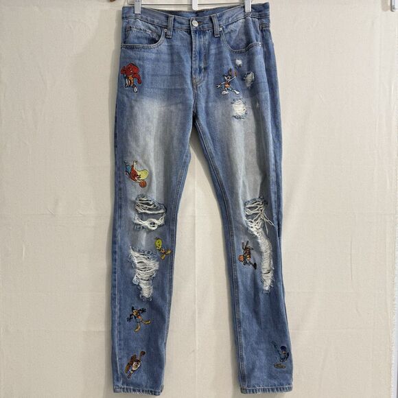 Forever 21 Space Jam Jeans Mens 31x32 Blue Denim Embroidered Patches Bugs Bunny - Picture 1 of 9